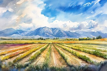 Fototapeta premium Vibrant Watercolor Landscape: Colorful Fields and Majestic Mountains art sky sun red calm blue card 