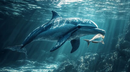 Fototapeta premium Dolphin catching fish underwater.