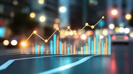 Illuminated city street with projected graph chart, symbol of urban growth and financial innovation