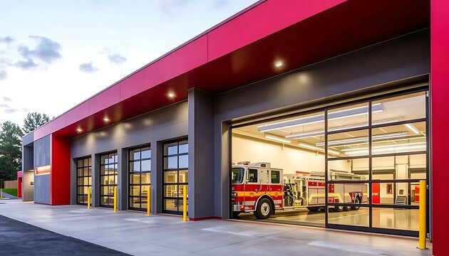 Modern Fire Station with Red Accents and Sleek Design