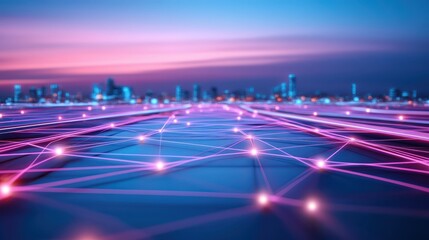 Illuminated cityscape at night, network of lines connecting urban infrastructure and technology
