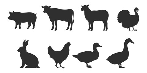 Collection of silhouettes of farm animals - cow, pig, sheep, rabbit, chicken, duck, turkey, goose. Animals side view. Vector illustration isolated on white background