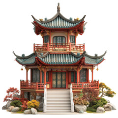 Fototapeta premium A meticulously detailed 3D rendering of a traditional red Chinese pavilion situated within a tranquil garden setting.