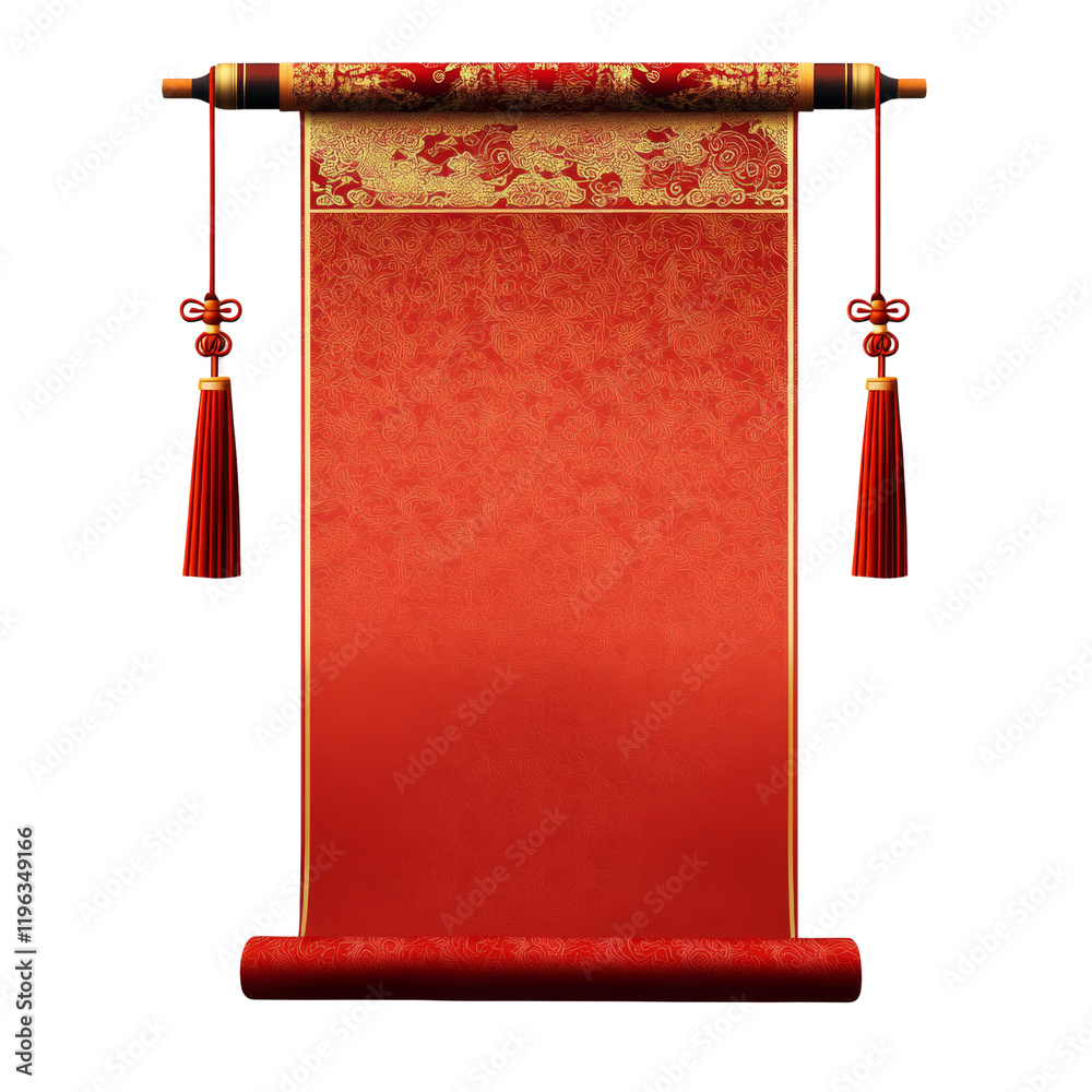 Aufkleber a decorative red scroll with gold detailing and tassels hangs against a black background, suggesting