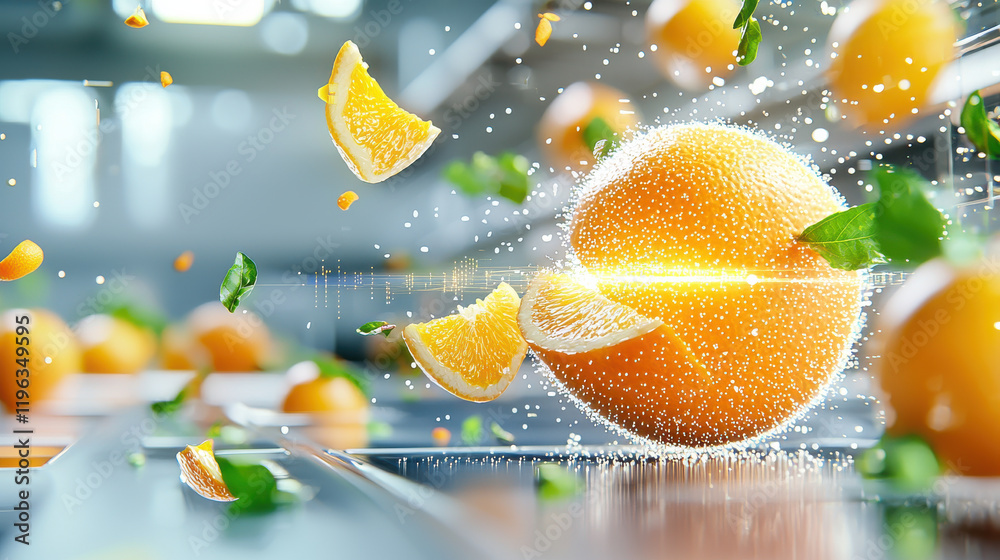Aufkleber vibrant orange fruit surrounded by slices and leaves, showcasing dynamic quality control system in modern setting. scene captures freshness and innovation in fruit processing