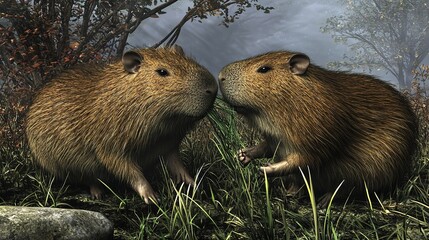 Capybaras Sharing Grass