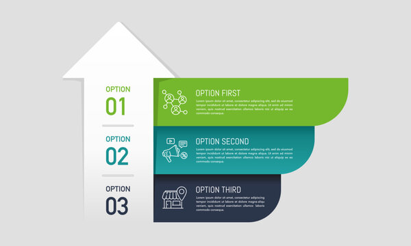 Upward arrow infographic with 3 options to success. Presentation, Data, Report, Plan and Strategy. Vector illustration.