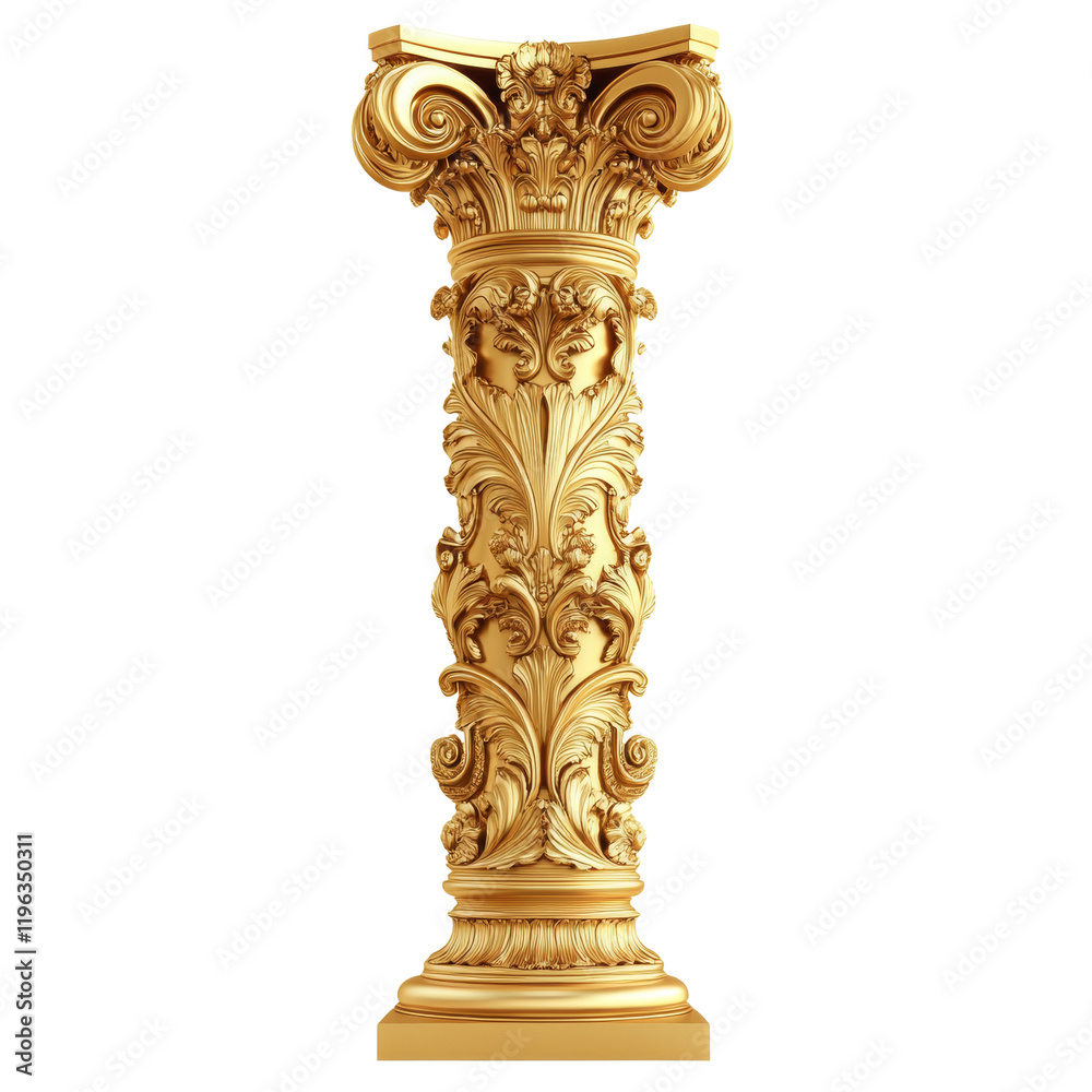 Poster A digitally rendered image showcases a tall ornate gold column with intricate carvings displaying classical architectural features.