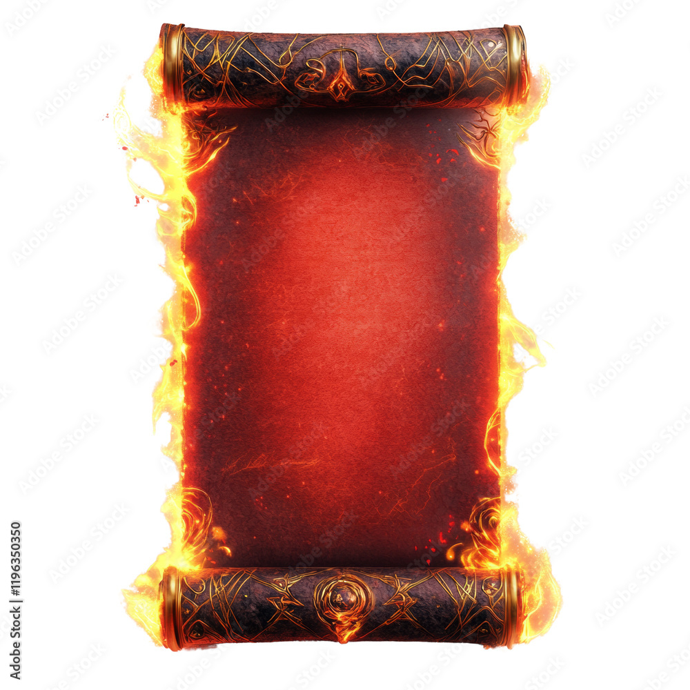 Poster a fiery red scroll with golden designs is shown unfurled against a black background; it appears magi
