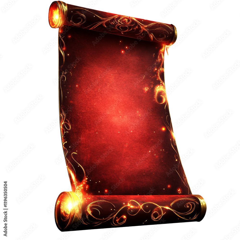 Aufkleber A digitally rendered image depicts a fiery red scroll adorned with golden embellishments and glowing particles.