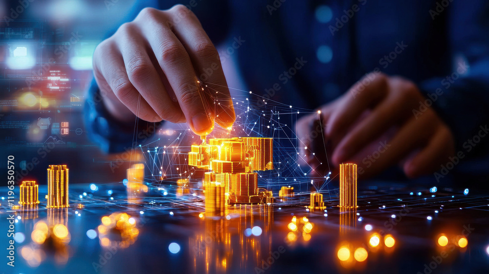 Poster innovative engineer manipulating digital models of buildings with glowing elements, showcasing advan