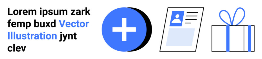 Blue plus sign button, ID card, and wrapped gift box. Ideal for user interface, web design, online profiles, gift services, e-commerce sign-up pages call to action. Landing page