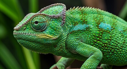 Obraz premium Vibrant Green Chameleon Closeup Detailed Reptile Skin Texture Nature Wildlife Photography eye macro vivid 