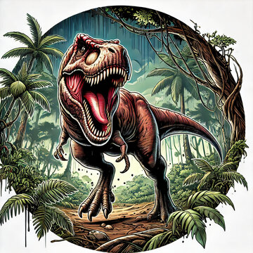 art of T-Rex roaring in front of a volcano eruption, digital comics style, highly detailed, masterpiece, no word or alphabet. Dynosaur tshirt design. Dinosaurus tshirt design with comic style