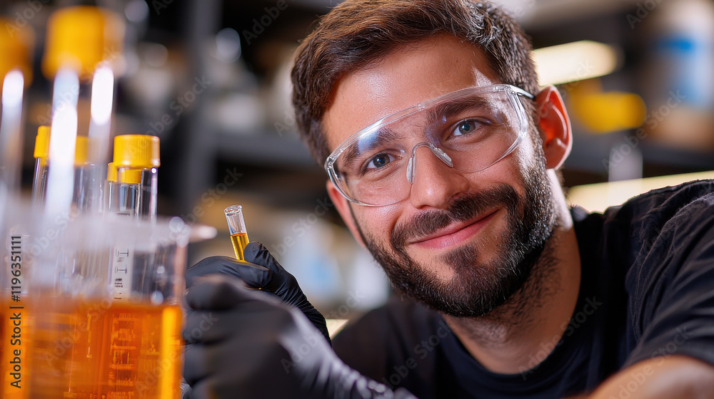 Poster smiling engineer in safety goggles conducts test in laboratory, showcasing vial of liquid. environme