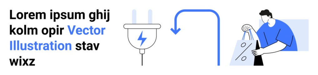 Plugging in an electrical device with a blue arrow indicating usage and a man holding a shopping bag with a percentage sign. Ideal for technology, e-commerce, online shopping, energy consumption