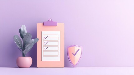 Glowing health checklist beside a protective shield, patient care safety, 3D illustration