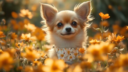 Adorable Chihuahua in a Field of Yellow Flowers