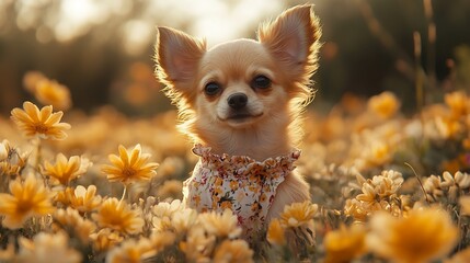 Adorable Chihuahua in a Flower Field at Golden Hour