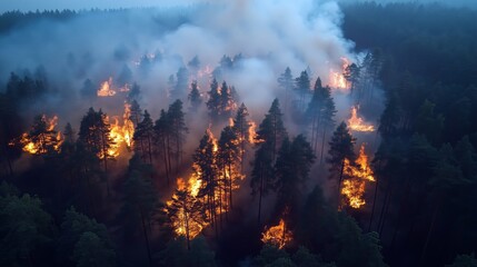 Dramatic View of Wildfire Raging Through a Dense Forest Area
