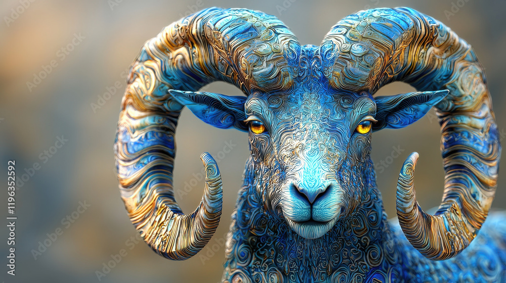 Poster Elegant 3D ram design representing Aries zodiac with intricate patterns and vibrant colors, showcasing majestic creature with expressive eyes and detailed horns