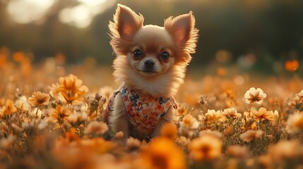 Adorable Chihuahua in a Flower Field at Sunset