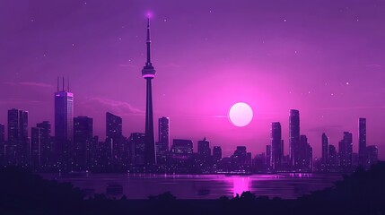 Obraz premium Purple Cityscape Sunset, Toronto Skyline, Night View, Romantic Couple