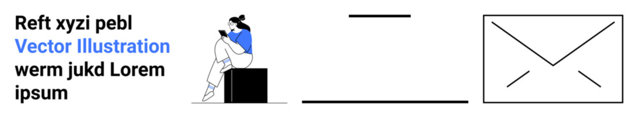 Person reading while sitting on a block, alongside abstract text and envelope outline. Ideal for education, communication, minimalism, reading habits, digital media, modern lifestyle, design