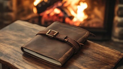 A pocket notebook with a leather belt on a wooden desk by the fire