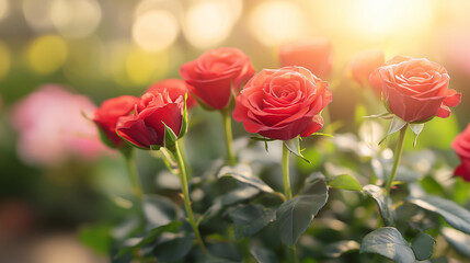 Obraz premium A close-up of red roses, forming an abstract background. The roses should be arranged in a bouquet-like pattern with each rose facing the camera directly from above. Valentine day