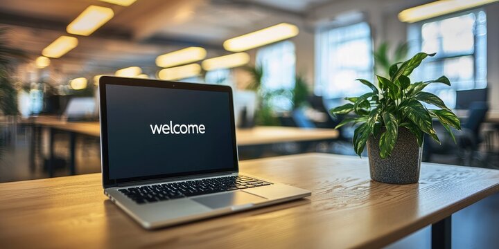 A laptop on a desk in an office with the notification "welcome" on the screen.