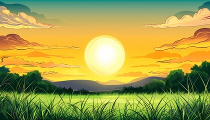 A vibrant sunset over a grassy field with a large sun and a mountain range in the distance.
