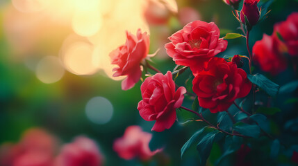 Obraz premium A close-up of red roses, forming an abstract background. The roses should be arranged in a bouquet-like pattern with each rose facing the camera directly from above. Valentine day