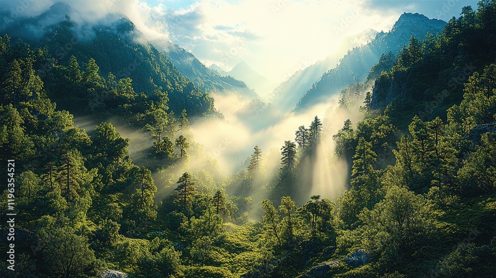 Poster a dense forest covering steep mountain slopes, with sunlight breaking through the canopy and creatin