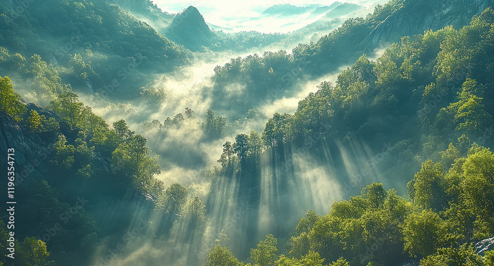 Poster a dense forest covering steep mountain slopes, with sunlight breaking through the canopy and creatin