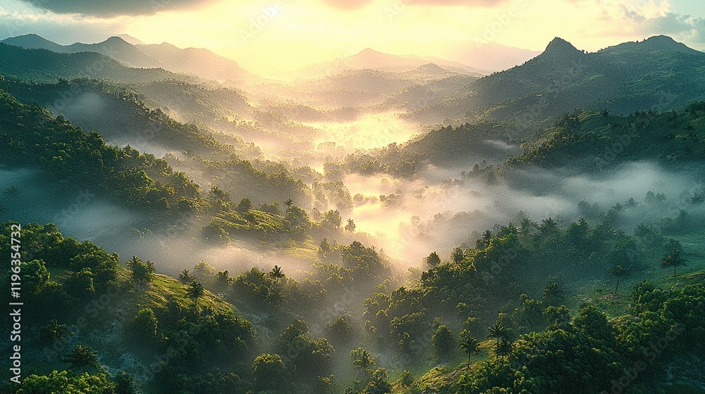 Poster a dense forest covering steep mountain slopes, with sunlight breaking through the canopy and creatin
