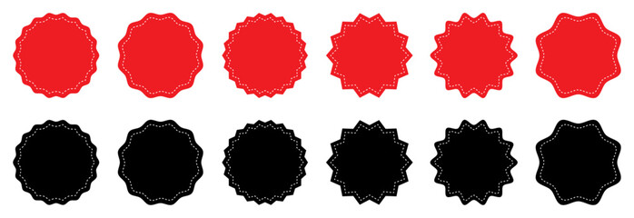 Set of simple circle frame red and black color. Special offer or price tag starburst. Price sticker set. Collection of empty circular stamp signs. Circle zigzag template. Vector illustration.