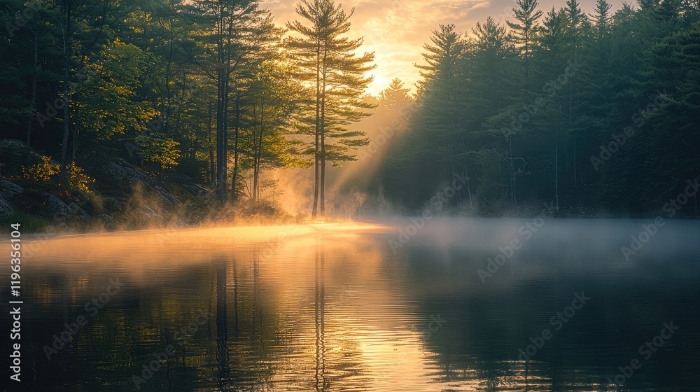Poster a serene forest lake at dawn, with soft mist hovering over the water and sunlight breaking through t