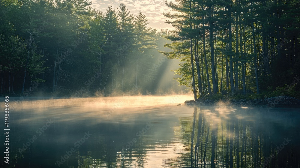 Poster a serene forest lake at dawn, with soft mist hovering over the water and sunlight breaking through t