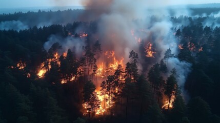 Obraz premium Aerial Perspective of a Forest Fire with Dense Smoke and Flames