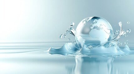 Crystal water droplet reflecting miniature globe, symbol of global conservation