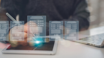 Businessman showing online document validation icon, Concepts of practices and policies, company articles of association Terms and Conditions, regulations and legal advice, corporate policy