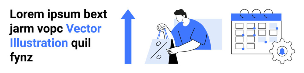Person holding shopping bags, upward arrow signifying growth, calendar with gear icon. Ideal for e-commerce, business growth, productivity, scheduling, shopping planning optimization. Landing page
