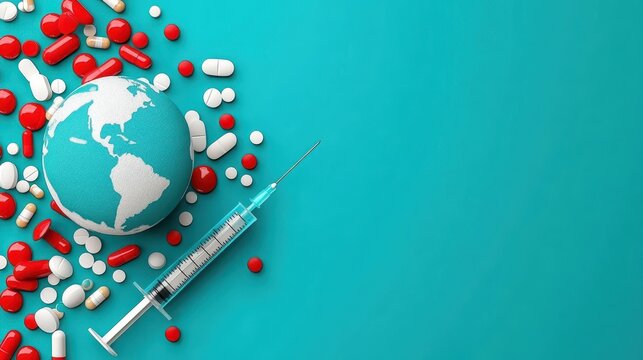 Global healthcare crisis, globe encircled by pills and syringe, symbolizing worldwide medicine treatment challenges