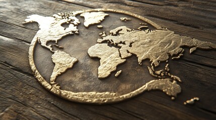 Golden world map carved in wood.