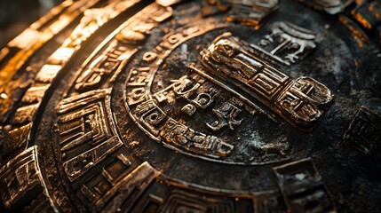 42. A close-up of an intricate ancient artifact with detailed carvings and symbols