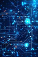 Blue abstract digital design with glowing nodes and connecting lines, symbolizing technology