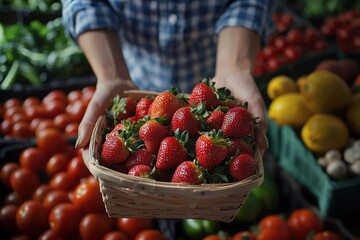 A close-up shot of the hands holding a baskets filled with strawberries