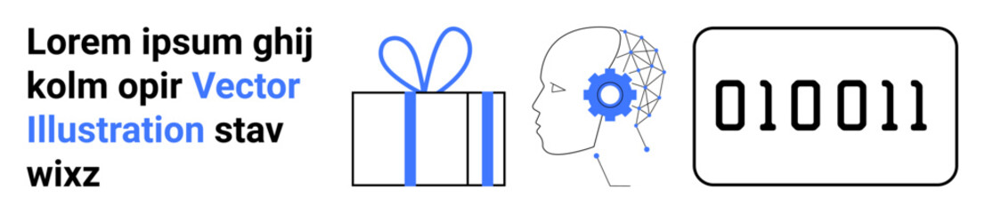 Text block, gift with ribbon, human head with gear and neural network, binary code display. Ideal for innovation, AI technology, digital transformation, data analysis, tech celebrations futuristic