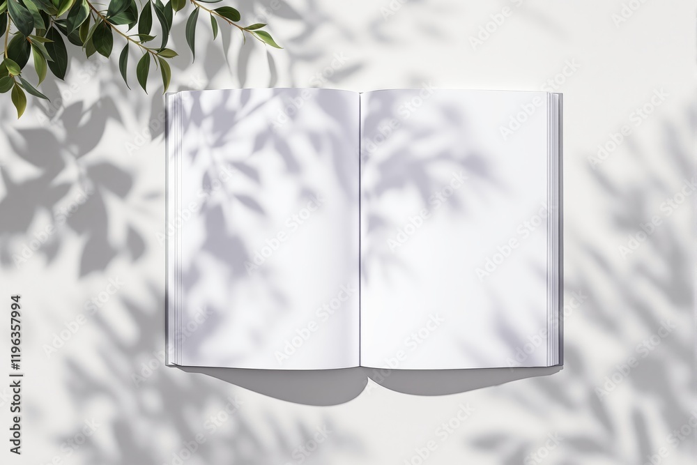 Poster open blank book mockup with leaf shadows on light background.